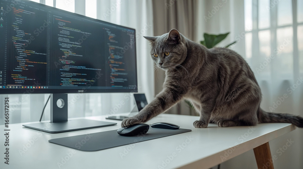 Wall mural a curious grey cat with bright yellow eyes pawing at a computer mouse on a desk with a monitor displ