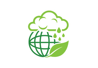 Green globe with rain cloud and leaf, symbolizing environmental care and sustainability
