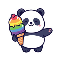 "Adorable panda holding rainbow ice cream cone – kawaii vector style, white background"