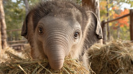 Closeup portrait of a cute baby elephant eating hay in a natural outdoor setting, showcasing its adorable features and gentle nature