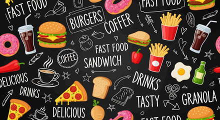 Seamless background Vector illustration of fast food pattern with burgers, sandwiches, pizza, coffee, donuts, soda, and handwritten chalkboard text, ideal for restaurant menus, cafe branding, or snack