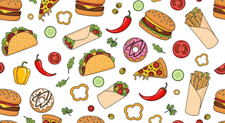 Seamless vector illustration of fast food including burgers, tacos, wraps, pizza, fries, donuts, and vegetables, perfect for restaurant menus, packaging, branding, and snack-themed designs