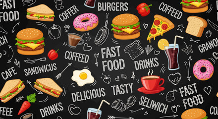 Seamless background Vector illustration of fast food pattern with burgers, sandwiches, pizza, coffee, donuts, soda, and handwritten chalkboard text, ideal for restaurant menus, cafe branding, or snack
