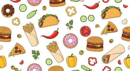 Seamless vector illustration of fast food including burgers, tacos, wraps, pizza, fries, donuts, and vegetables, perfect for restaurant menus, packaging, branding, and snack-themed designs