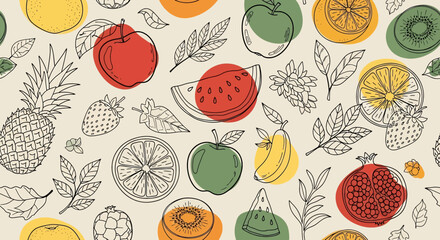 Seamless vector illustration of assorted tropical fruits including watermelon, pomegranate, pineapple, kiwi, pear, orange, apple, and strawberry, perfect for healthy food branding, packaging, and nutr