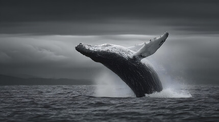 Obraz premium Majestic Whale Breaching in Dark Waters Under Dramatic Sky