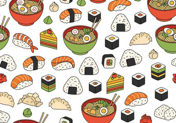 Seamless vector illustration of Japanese food including sushi, ramen bowls, dumplings, onigiri, and desserts, ideal for restaurant menus, packaging, culinary branding, and Asian cuisine designs