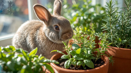 A fluffy brown rabbit sits among potted herbs, its ears perked, bathed in soft sunlight. Fresh green leaves surround the cute bunny.