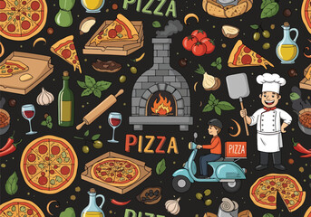 Cartoon illustration of pizza delivery, chef, wood-fired oven, and ingredients with seamless pattern style, ideal for restaurant branding, food packaging, or Italian cuisine marketing designs