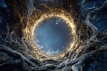 Handdoek met foto Meisjeskamer Mystical glowing circle formed by intertwined roots and branches of trees opening portal to the sky symbol of magic nature and otherworld  © Volodymyr