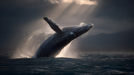 Fototapeta premium Majestic Whale Breaching Beneath Dramatic Sky and Ocean Waves