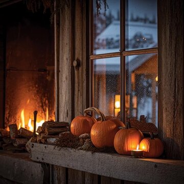 HALLOWEEN INTERNO DI BAITA CON CAMINO ACCESO E ZUCCHE 
