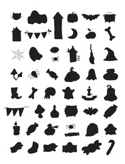 Halloween design black silhouettes for your design. Stickerpack. Pumpkin, Skull, Ghost, Gravestone, Spider, Candy, Broom, Hat, Eye, Potion, Bone, and more. Halloween labels, icons and objects. Happy h