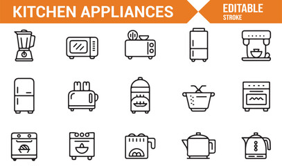 Home kitchen essentials icons for cooking and food preparation