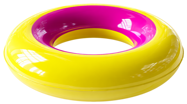 Abstract glossy toroidal object with yellow and magenta curved surfaces
