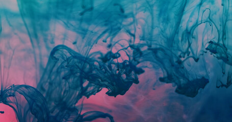 Ink vapor. Smoke blend. Turquoise fume paint drop curl stream in pink water. Art mystic color abstract blur background spill haze.