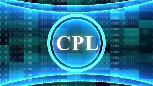 Digital Abstract Background with Blue Glowing Circle and CPL Text binary code