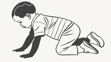 Fototapeta premium Illustration of a young boy crawling on the ground with striped shirt and dark hair in black and white