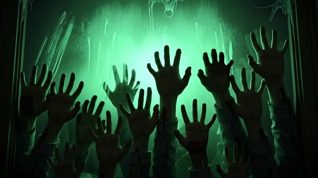 Spooky Zombie Hands Scratching at Window - Numerous zombie hands claw and scratch at a window pane, illuminated by an eerie green light. The scene creates a tense and horrifying atmosphere.