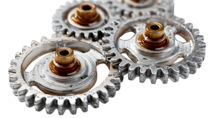 Intricate interlocking metal gears with oil lubrication detail