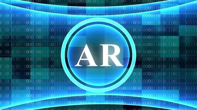 Digital AR abbreviation in a glowing blue circle against a binary code background augmented reality