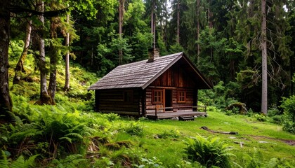 Rustic Wooden Cabin nestled in a Lush Green Forest