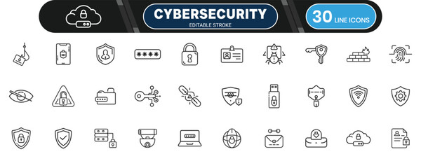 Cybersecurity and data privacy icon set, editable outline collection for secure digital network, online protection and safe technology