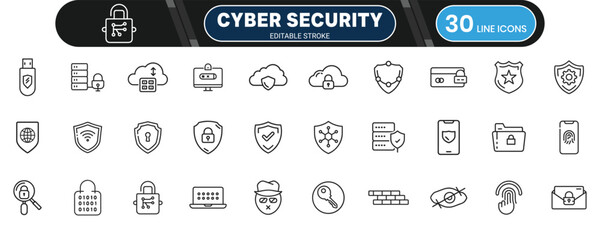 Cybersecurity and data protection icon collection, thin outline editable set for online safety, secure network and digital encryption