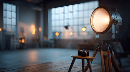 Vintage style photography illuminated studio spotlight on a tripod with low camera on the rustic tabletop. Film director studio with directional tripod lights. Studio lights blurred background 