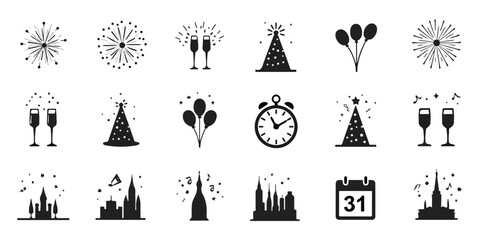 Fototapeta premium Silhouette Icons Set of New Year’s Eve, including fireworks, champagne glasses, party hats, balloons, confetti, countdown clock, calendar page with 31, music notes, city skyline, and festive celebrati