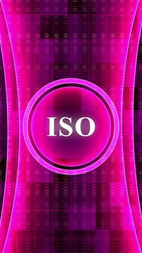 Digital binary code background with glowing pink circular ISO logo and abstract vertical lines International Organization for Standardization