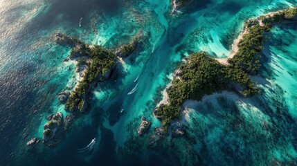 Fototapeta premium Tropical islands aerial view, boats sailing, turquoise water, travel brochure