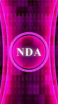 Pink digital binary code background with glowing circular NDA logo and abstract vertical lines Non-Disclosure Agreement