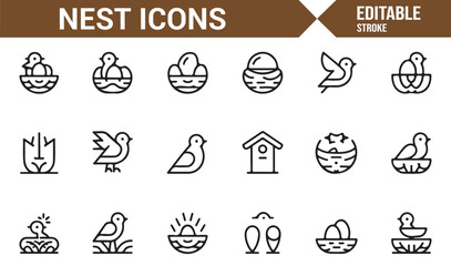 Collection of bird-related icons including nests, eggs, and houses