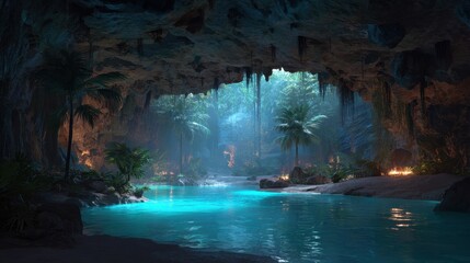 Tropical cave lagoon, hidden beach, jungle fires, adventure game background