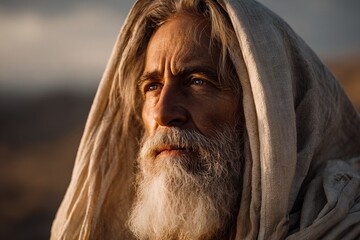 Old Testament prophet Moses with gray beard in simple clothing and hood on head symbol of divine law wisdom and spiritual leadership