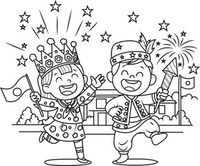 Joyful Children Celebrating with Fireworks and Flags Coloring Page. This delightful black-and-white coloring page features two children joyfully celebrating a festival or special occasion. Dressed in 
