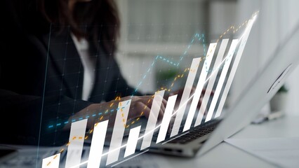 A business professional engages in data analysis using a laptop, featuring an overlay of charts depicting growth trends and strategies in a modern workspace environment. Copula
