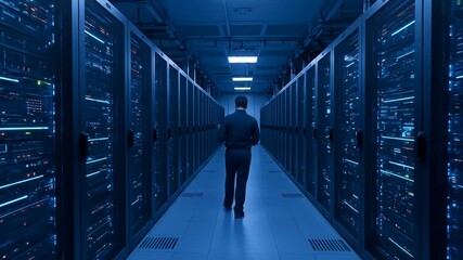 A technician in a server room with rows of glowing blue servers, holding a tablet - Powered by Adobe