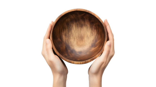 Top down view of woman hands holding empty wooden bowl isolated on transparent background