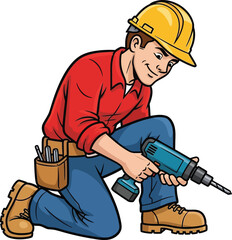 Construction worker in hard hat using a power drill on knees vector