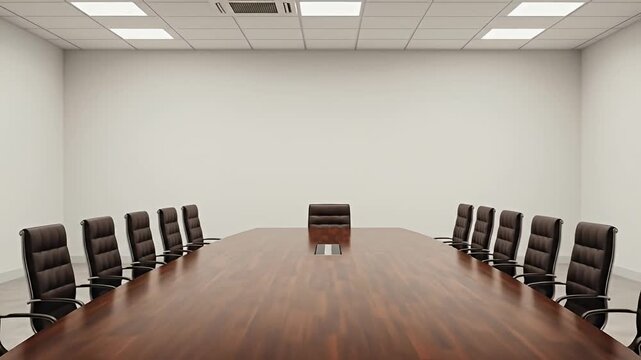 Conference room featuring a long wooden table and chairs beneath a suspended ceiling