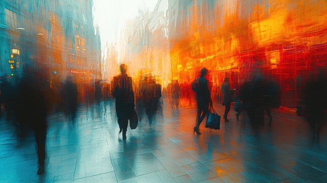 A dynamic urban scene, a kaleidoscope of humanity in motion. People rush past each other, a blurred symphony of footsteps, bags, and hurried expressions, captured in the generative AI's artistic 