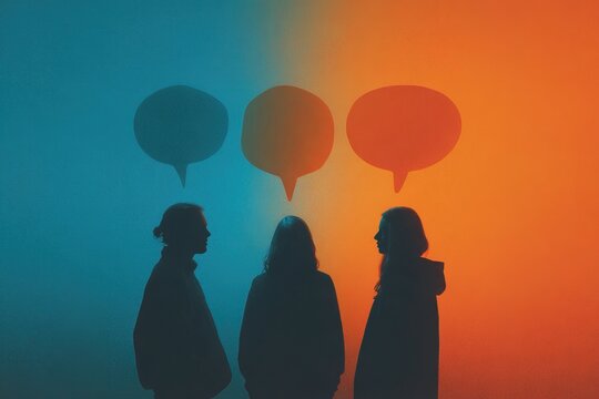 Silhouettes of three people on blue orange gradient background with speech bubble icons concept of communication dialogue and exchange of ideas