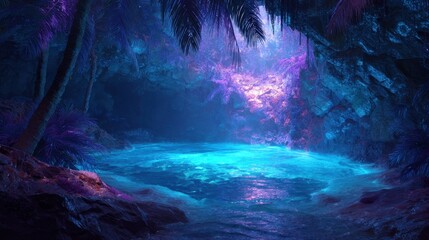 Tropical cave pool neon light fantasy background
