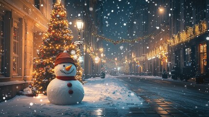 Fototapeta premium Snowman in red hat and scarf next to decorated Christmas tree on festive city street at evening with snowfall and garlands