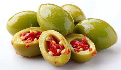 Close-up of green olives stuffed with red peppers and pine nuts. Shiny, fresh, and appetizing, perfect for Mediterranean cuisine or gourmet appetizers