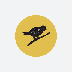 Stylized Black Bird Perched on Branch Illustration in Yellow Circle Against Neutral Background for Nature and Design Concepts