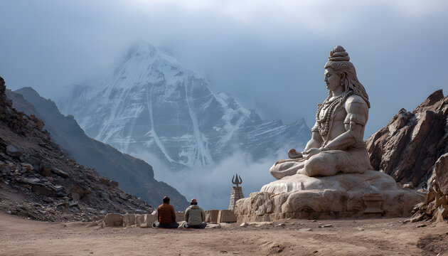 Hindu god Shiva or shiv with Parvati meditating on Mount Kailash in the Himalayas