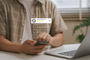 Close-up of a person reviewing a business online on a smartphone, with a graphic overlay of multiple positive reviews.